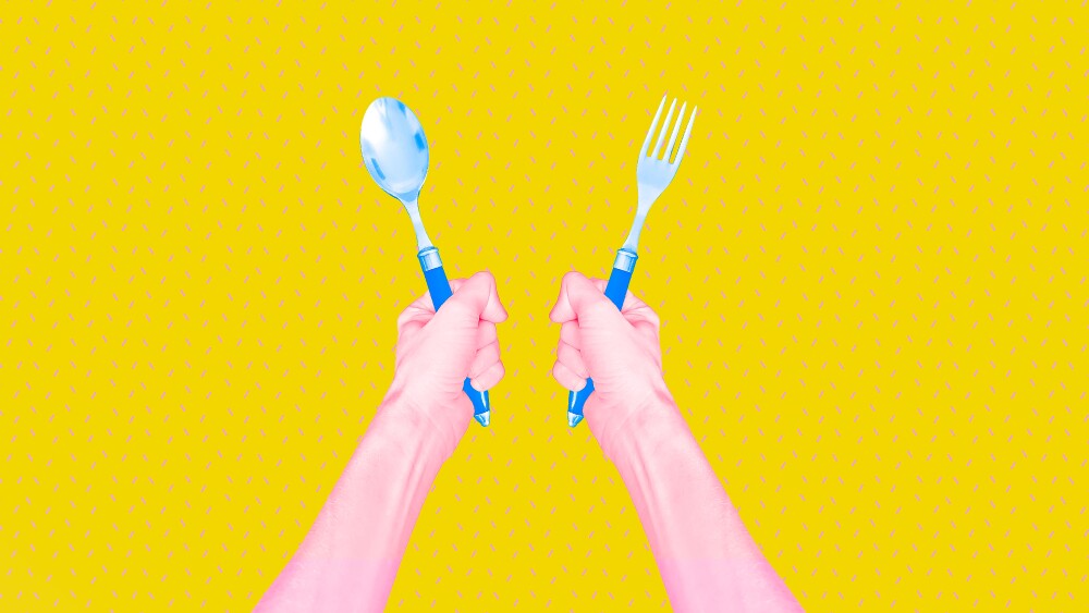 Contemporary digital collage art. Modern trippy design. Hands holding fork and spoon