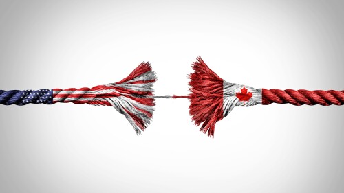 Canada US crisis concept as a Broken Rope stretched with force and stressed to a decoupling metaphor for pressure on the economic and political relationship between Ottawa and Washington.
