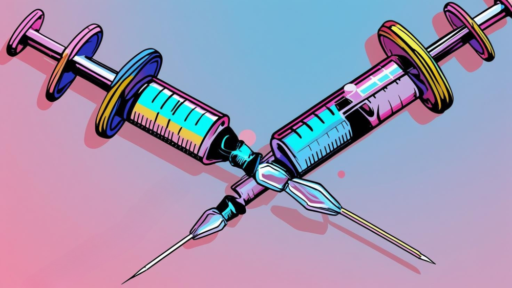 Illustration of two syringes in a pop art style with pinks and blues