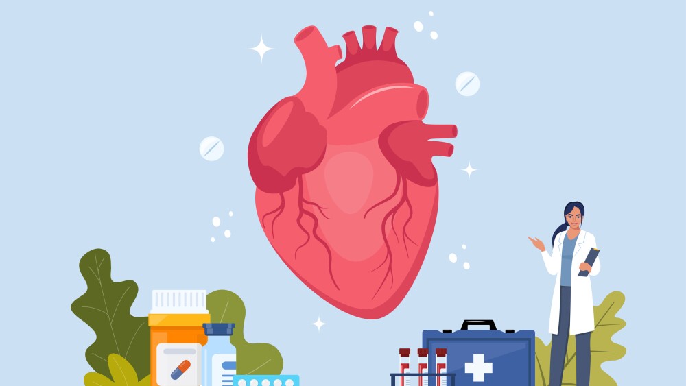 Human heart. Inner organs disease treatment. Modern design concept with tiny doctor character, medical drugs, equipment, analysis. Vector Illustration