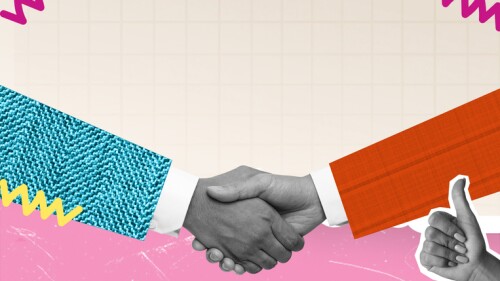 A handshake of businessmen. Modern design with a positive context. Concept of help, support, and agreement between businessmen. Modern art collage, trendy magazine style.