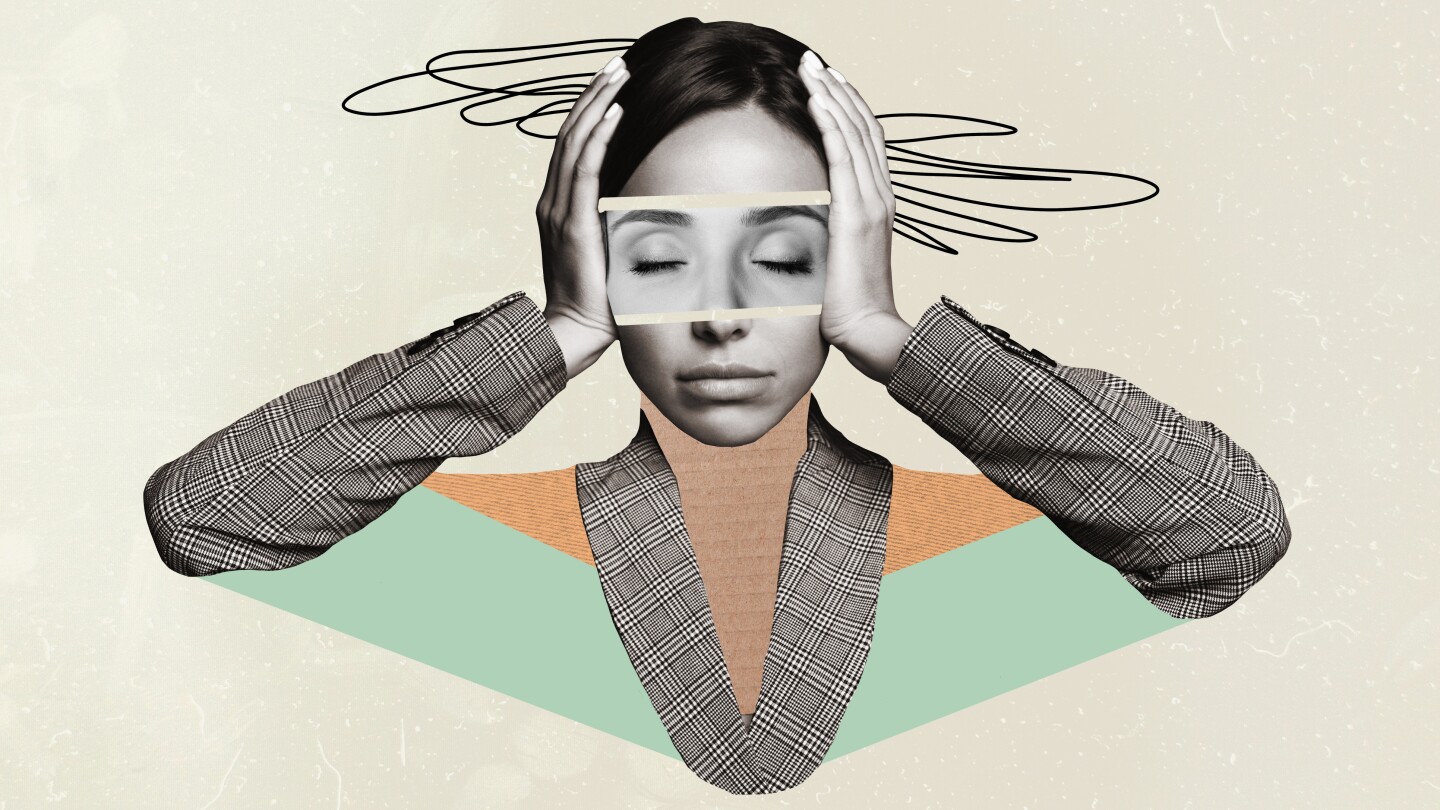 Creative artwork strange collage of woman touch head suffer terrible tension ache.