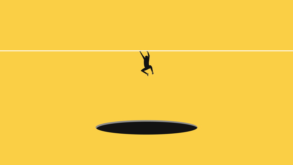 Business and financial crisis vector concept with businessman levitating and trying do not fall to abyss. Symbol of market crash, recession, risk, bankruptcy and loss. Eps10 illustration
