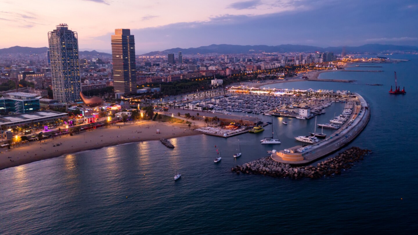 Aerial view of the coastal area of Barcelona overlooking Olympic Harbor marina