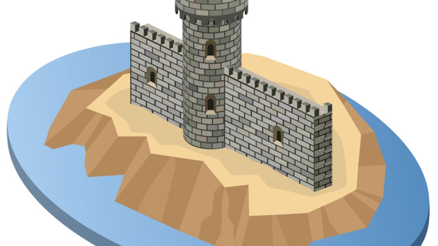 Isometric projection of a medieval castle on an island