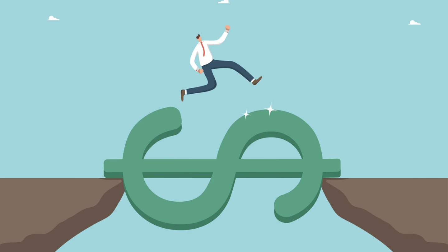 Financial and economic improvement, rapid growth in income and wages, profitable investment of funds, increase in investment portfolio and savings, man overcomes cliff with the help of a dollar sign.