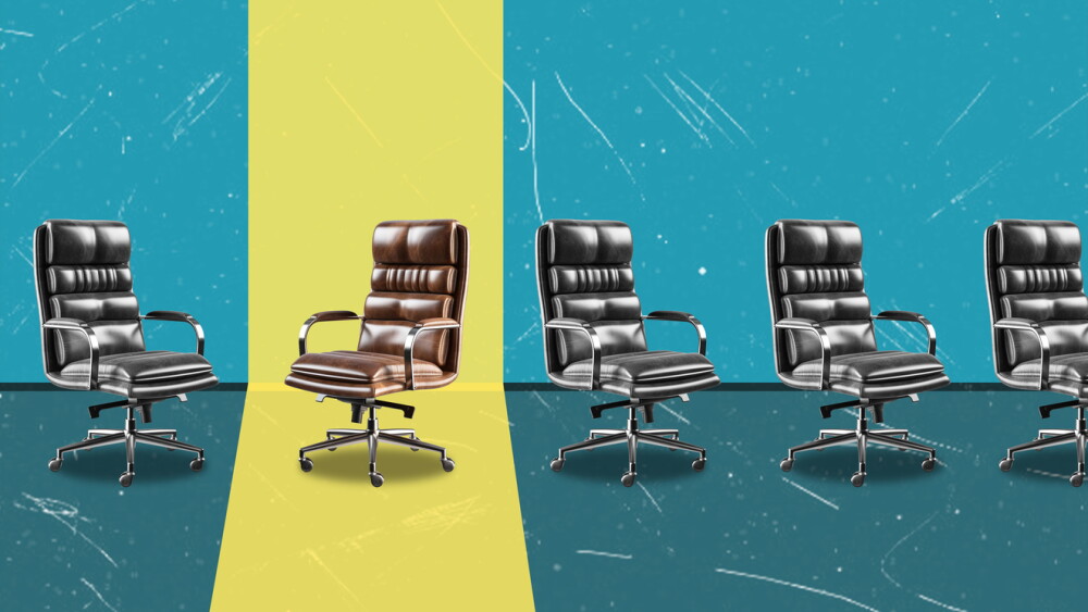 A modern artistic collage featuring images of office chairs. The concept revolves around recruitment and personnel selection.