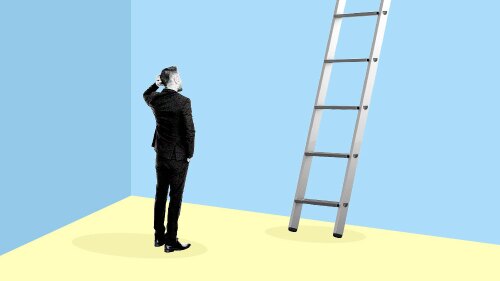 Illustration of man standing by a ladder and thinking