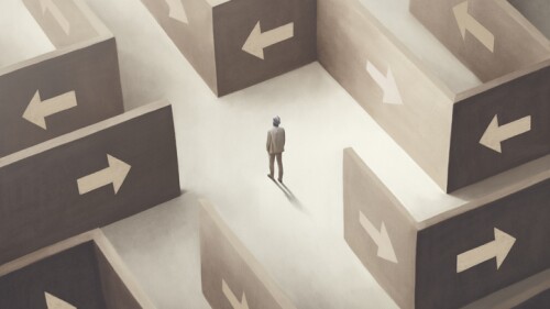 illustration of man lost in a maze full of arrows, surreal abstract concept