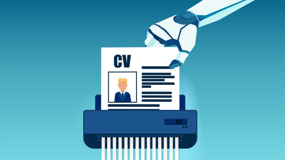 Illustration of robot using paper shredder to destroy employee application