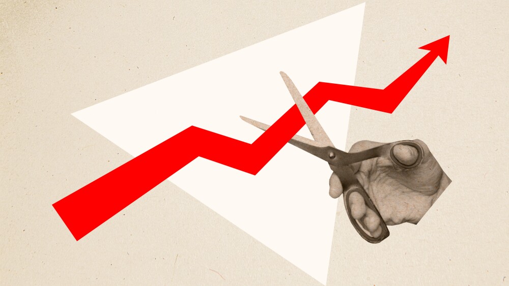 Creative collage hand cutting dynamic arrow progress statistic rise up reach target positive result top improvement drawing background.