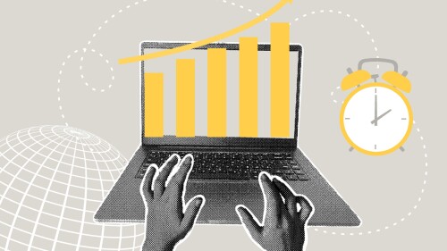 Collage showing workspace concept with person’s hands at computer, a globe and a clock