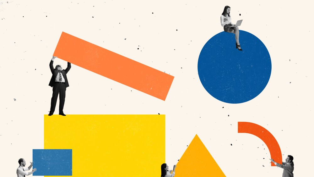 Contemporary art collage of people, employees carrying geometric figures symbolizing team work. Concept of team, business, success, professional growth, career, analytics. Copy space for ad