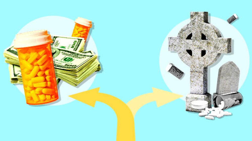 Pictured: An arrow splitting toward pills and money, or pills and headstones