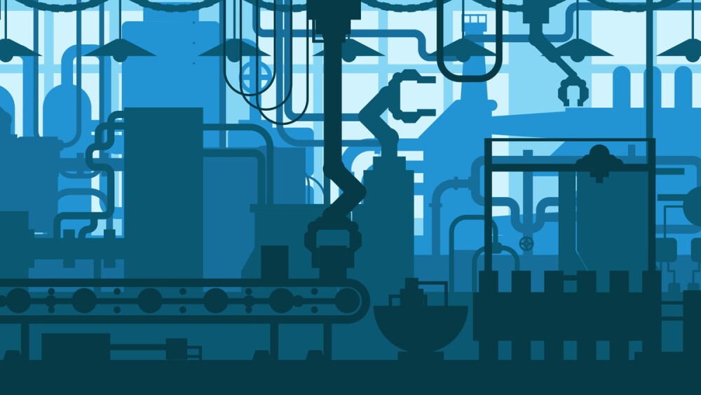 Factory plant conveyor line production development industrial interior design flat background concept illustration