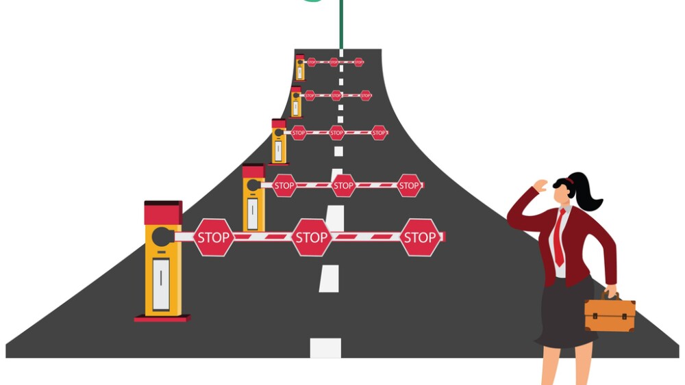 Illustration of woman facing stop signs on way to goal