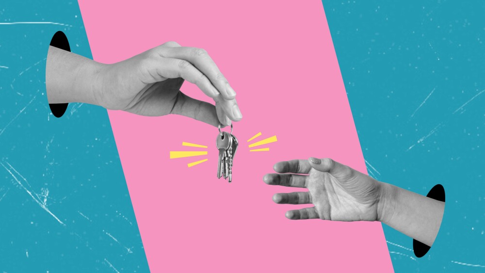 A big businessman hands over the key to the house. Art collage, hand with keys.