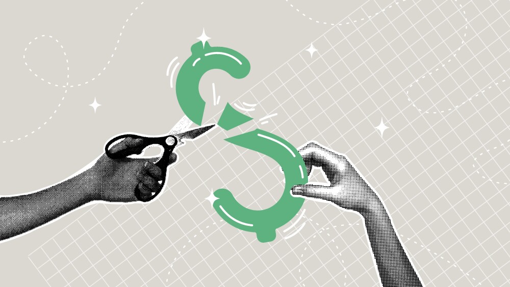 Cost cutting, budget slashing, financial control. Trendy halftone collage. Concept of cost cutting, expense management, and business strategy. Vector illustration