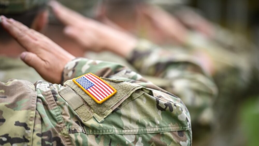 Pictured: A row of uniformed soldiers saluting/iSt