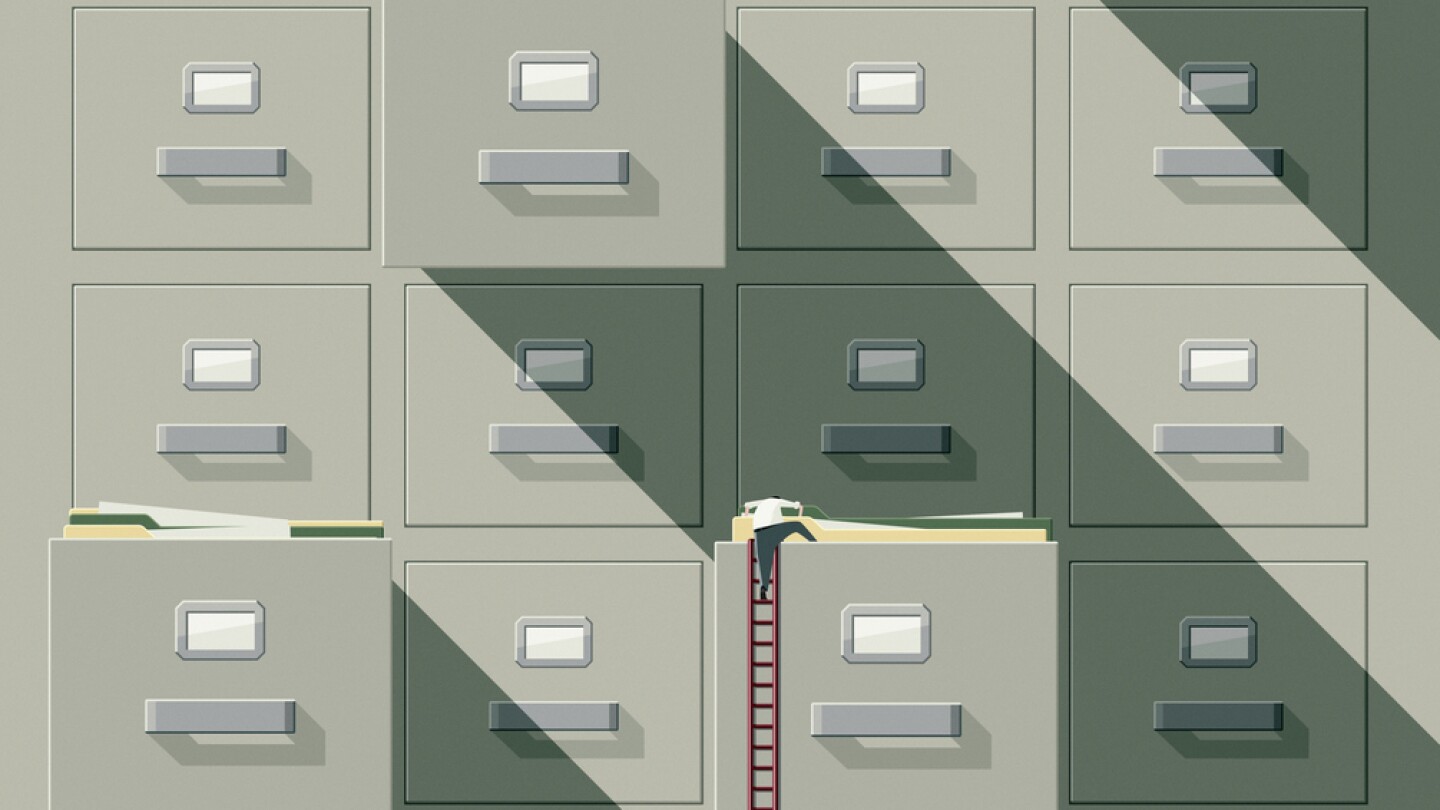 Man searching paperwork in a huge filing cabinet, he is climbing on the open drawers using a ladder 3D illustration