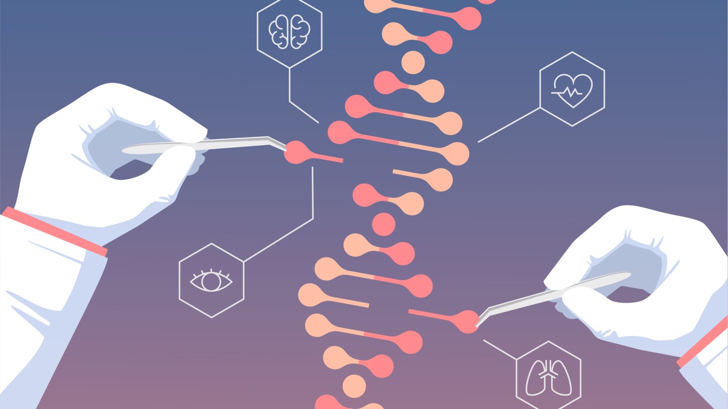 2D illustration showing scientists' hands editing a DNA strand