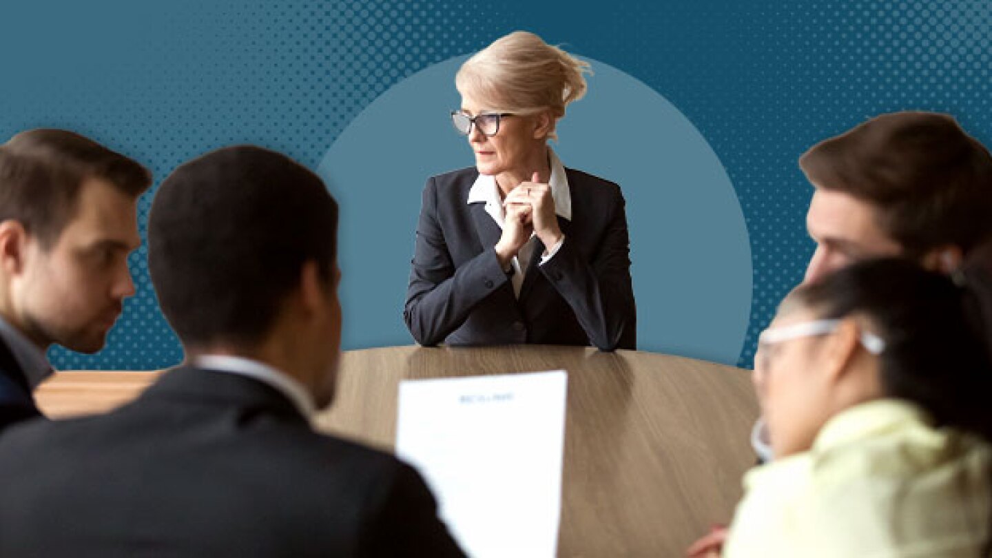 Pictured: Older woman being interviewed