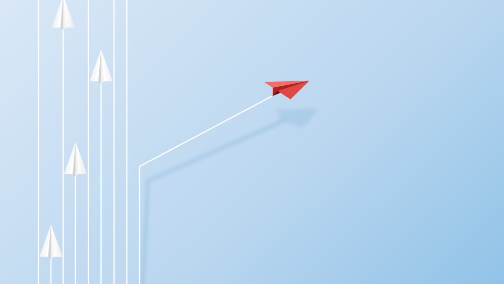 Paper airplanes flying on blue sky and cloud.Paper art style of business teamwork and one different vision creative concept idea.Vector illustration