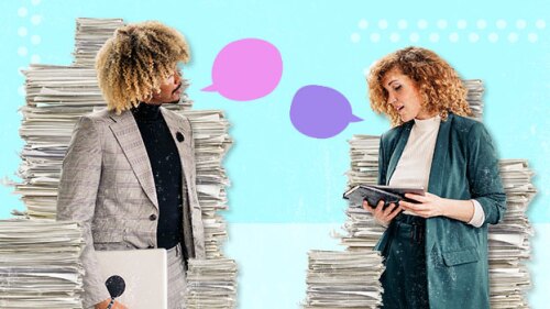 Pictured: Two people discussing work boundaries/Ta