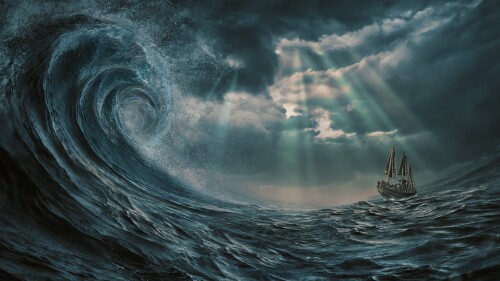 illustration of the ship in the storm, gigantic waves