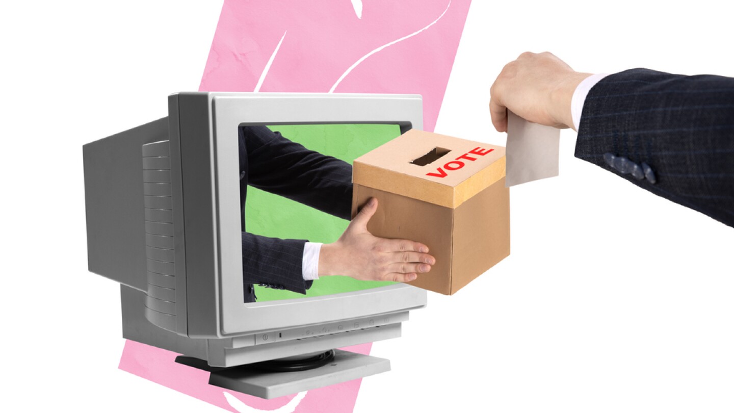 Contemporary art collage. Businessman putting voting paper into ballot box sticking out from retro computer motinor. Choosing right candidate to run he company. Online voting, election concept