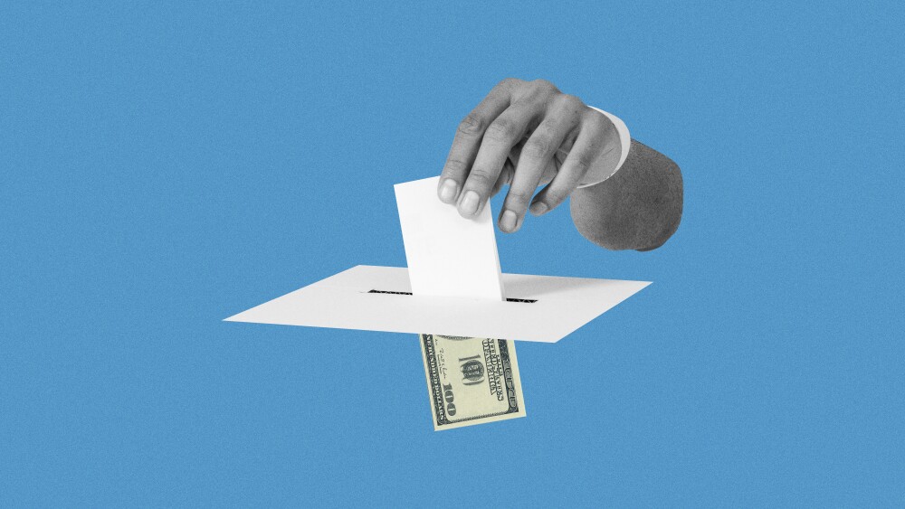 Dirty vote collage concept. Voting hand gesture, putting money on ballot box. Dishonest election campaign. black and white illustration Isolated on blue background