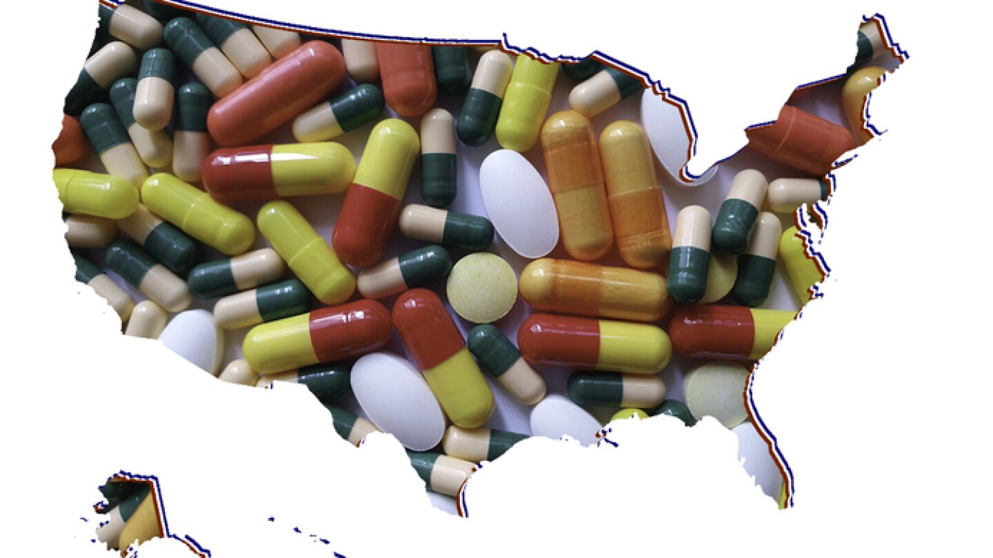 map of United States of America with medicine pills and white background