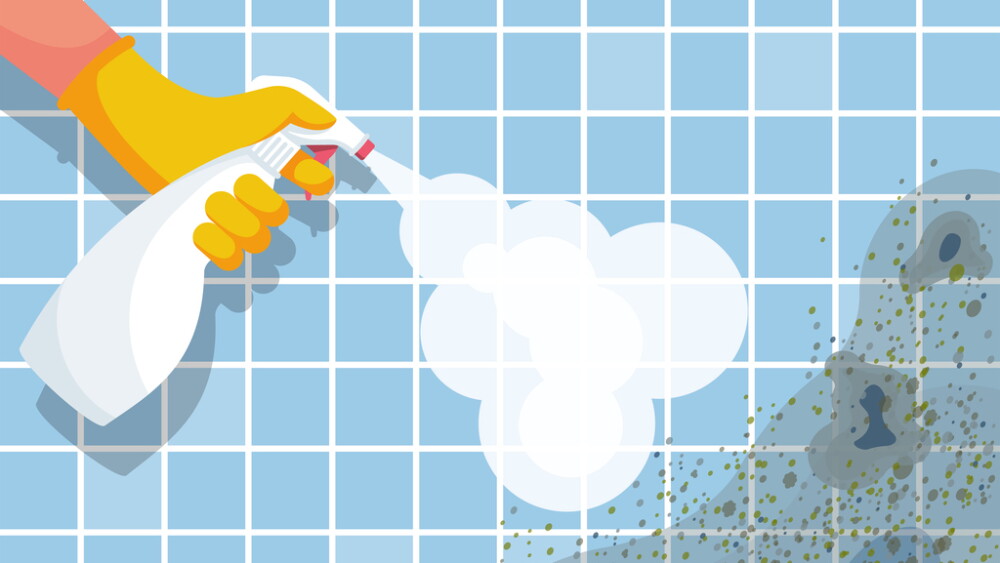 Mold spray. Mold control specialist. Hand in glove sprays the product antifungal. Dangerous fungus to kill. Man cleans bathroom cleaning products. Vector illustration flat design.