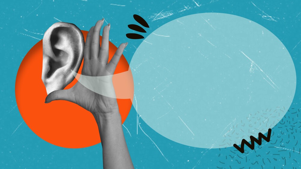 A contemporary art collage depicting a giant ear listening to a message bubble while covering it with a hand. The concept of taking in a useful experience or overhearing a new idea.