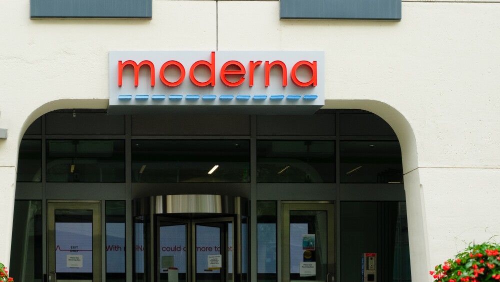 Cambridge, USA - 16 August 2024. View of Moderna office entrance with logo sign, Biotechnology industry
