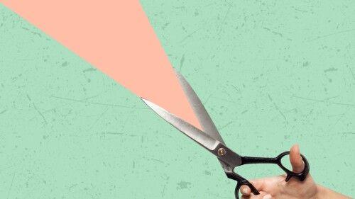 Contemporary art collage of a hand holding scissors. Copy space for ad. Modern design.