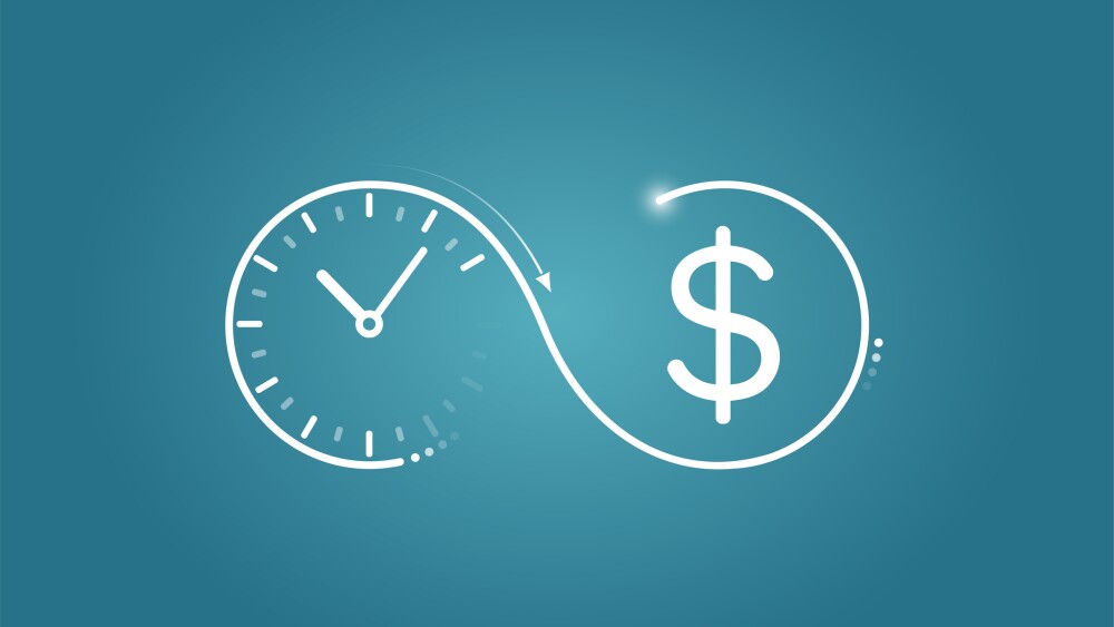 Time is money concept. Vector logo of a clock flowing into dollar symbol