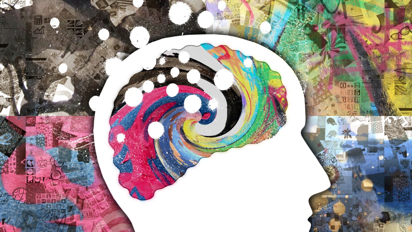 Art and Paintings around and inside human's brain profile - Collage