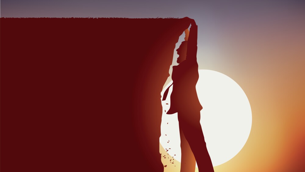concept of a perilous situation with a man who finds himself suspended above the void while standing at the edge of the cliffs.