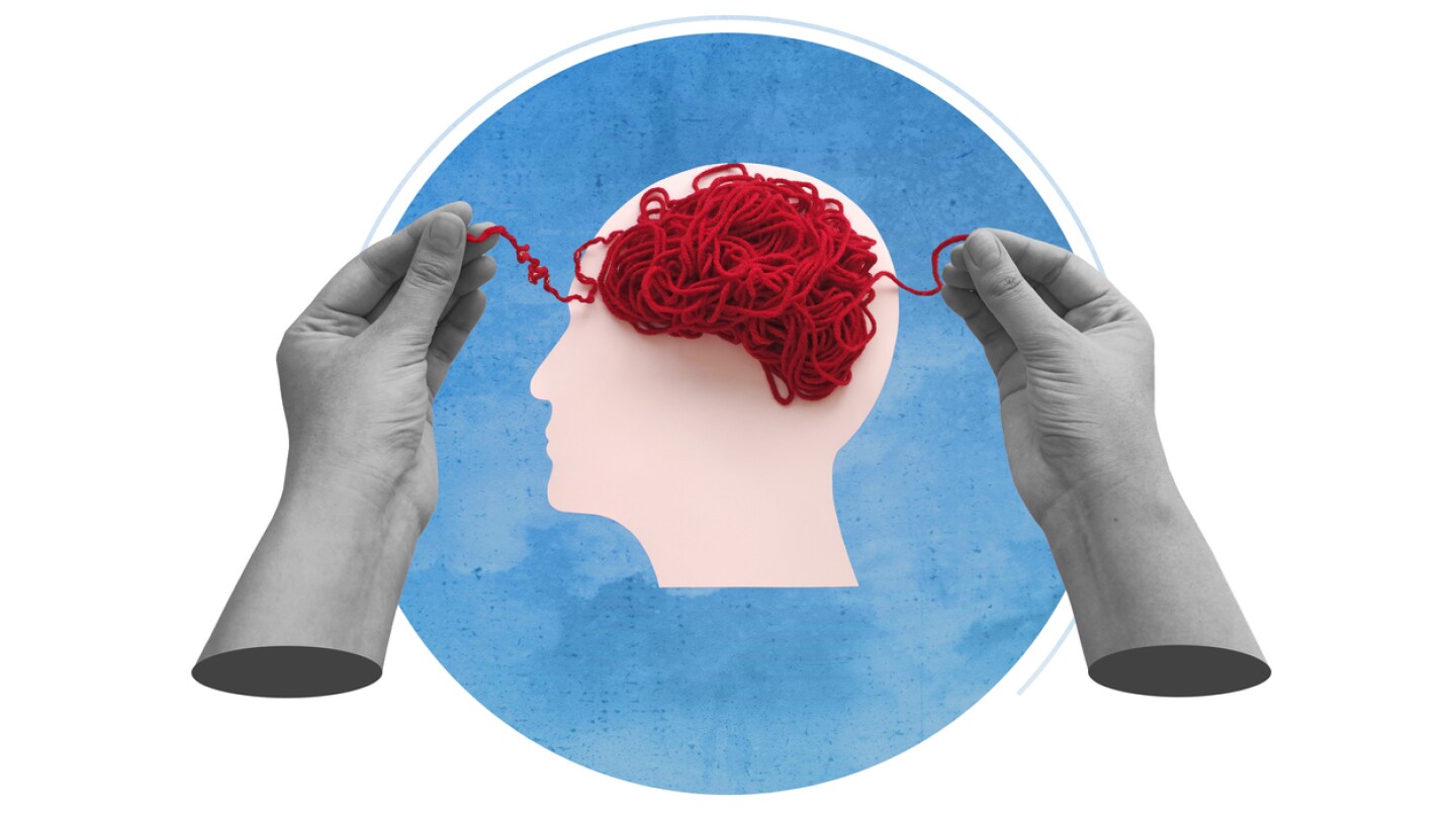 Mental health and problems with memory. Hands unraveling tangled red threads on head silhouette representing brain. Modern art collage.