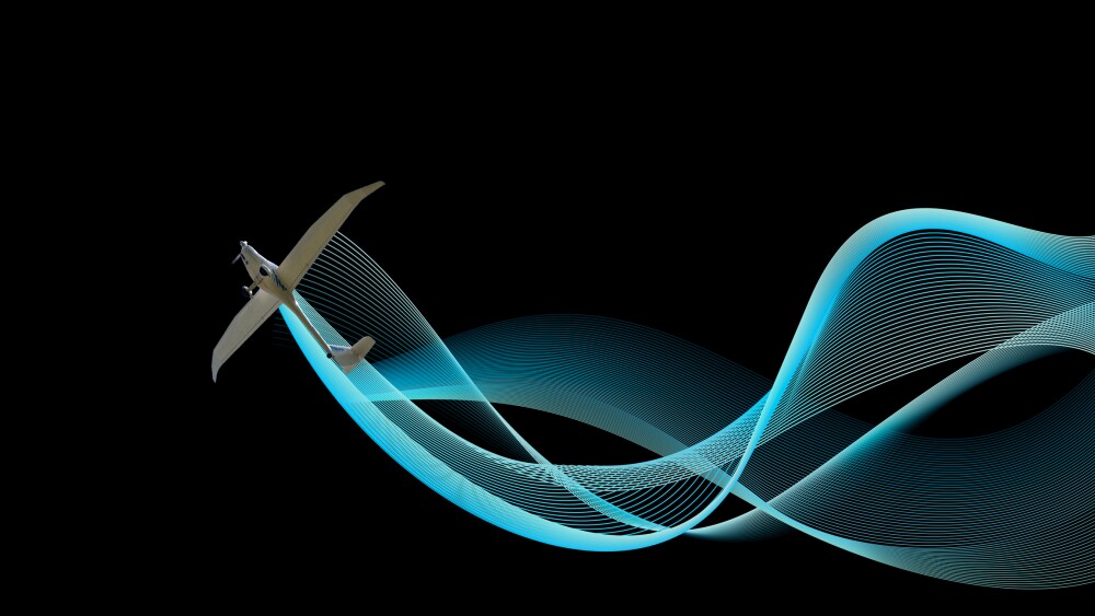Ultralight plane from bottom with blue wave on black. Illustration background, banner with copy space