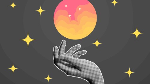 Halftone collage banner, palm and magic glass ball floating in the air on a dark background. Magic clouds, stars, pop art poster.