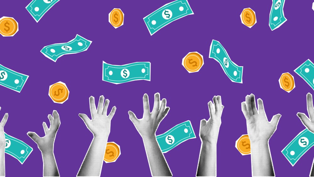 Halftone hands reaching for money. Mixed media catch falling coins and cash bills collage, financial success, free wealth and easy money concept vector illustration