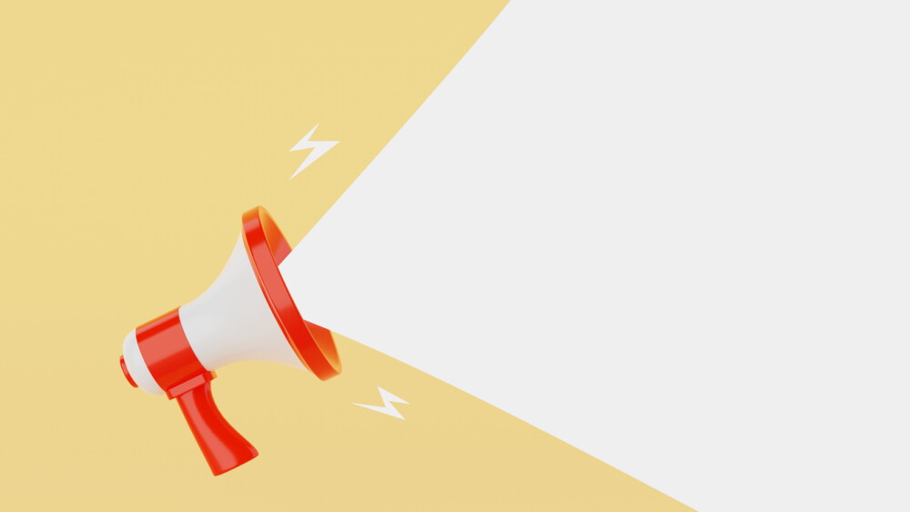 Red and white megaphone announcing white empty blank space message balloon on yellow background. Business and marketing concept. 3D illustration rendering