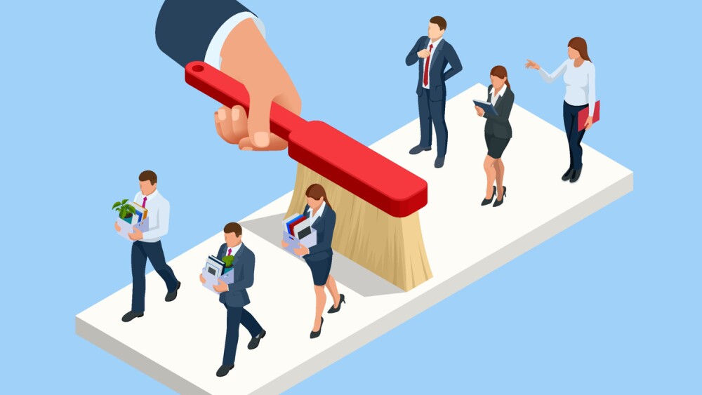 Illustration showing hand sweeping out half of employees