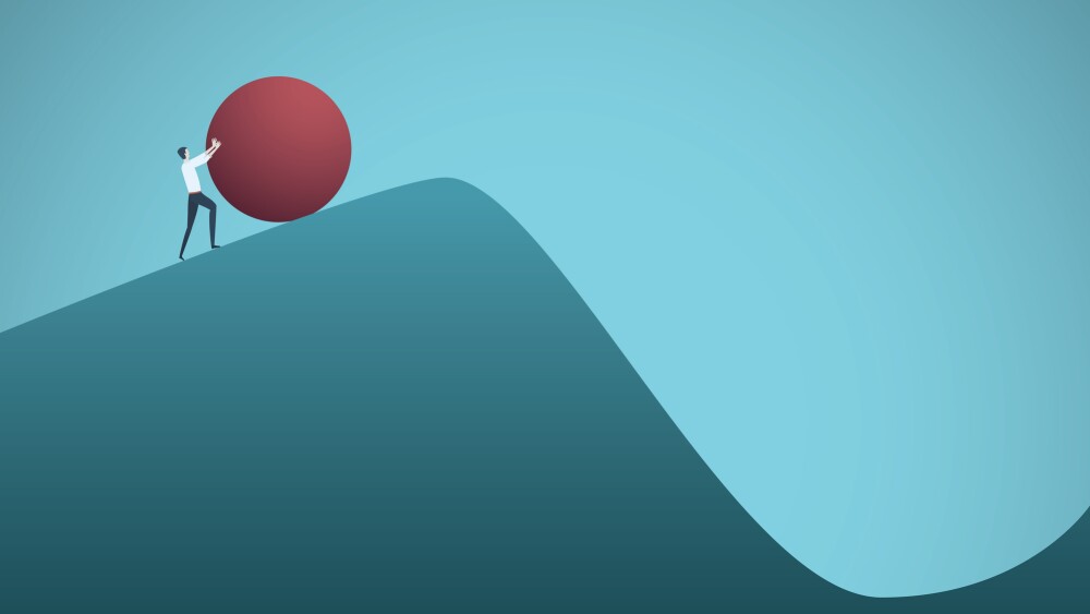 Businessman pushing boulder uphill vector concept of Sisyphus. Symbol of hard work, futile effort, strength, struggle, challenge but also motivation and ambition. Eps10 vector illustration.