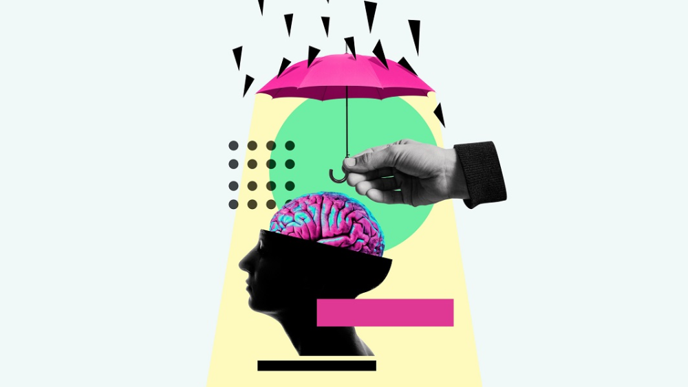 An umbrella protects the human brain from negative influences. Art collage.