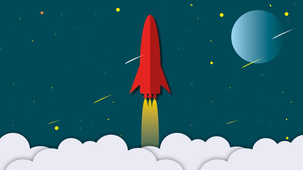 Red rocket with clouds rising up as metaphor for business and financial growth, Success and financial developing, Business growth concept, paper cut style.