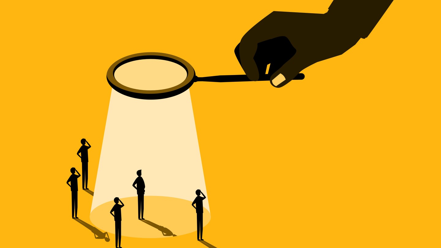 Finding Talent. Big Hands with Magnifying Glass Recruiting People. vector