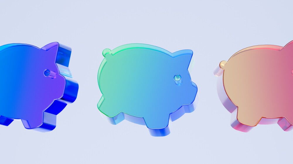 Set of 3D piggy bank icons, saving money and personal finance concept. Colorful gradient glass like icon, trending glass holographic icon, for graphic design, UI UX interfaces, 3d render illustration.